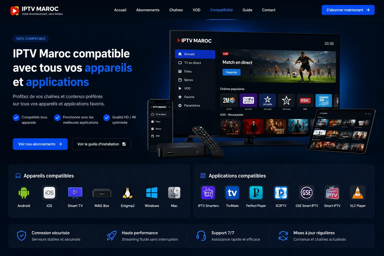 Appareils compatibles IPTV Maroc avec Smart TV Android TV Firestick récepteur smartphone ordinateur Xtream Codes et M3U