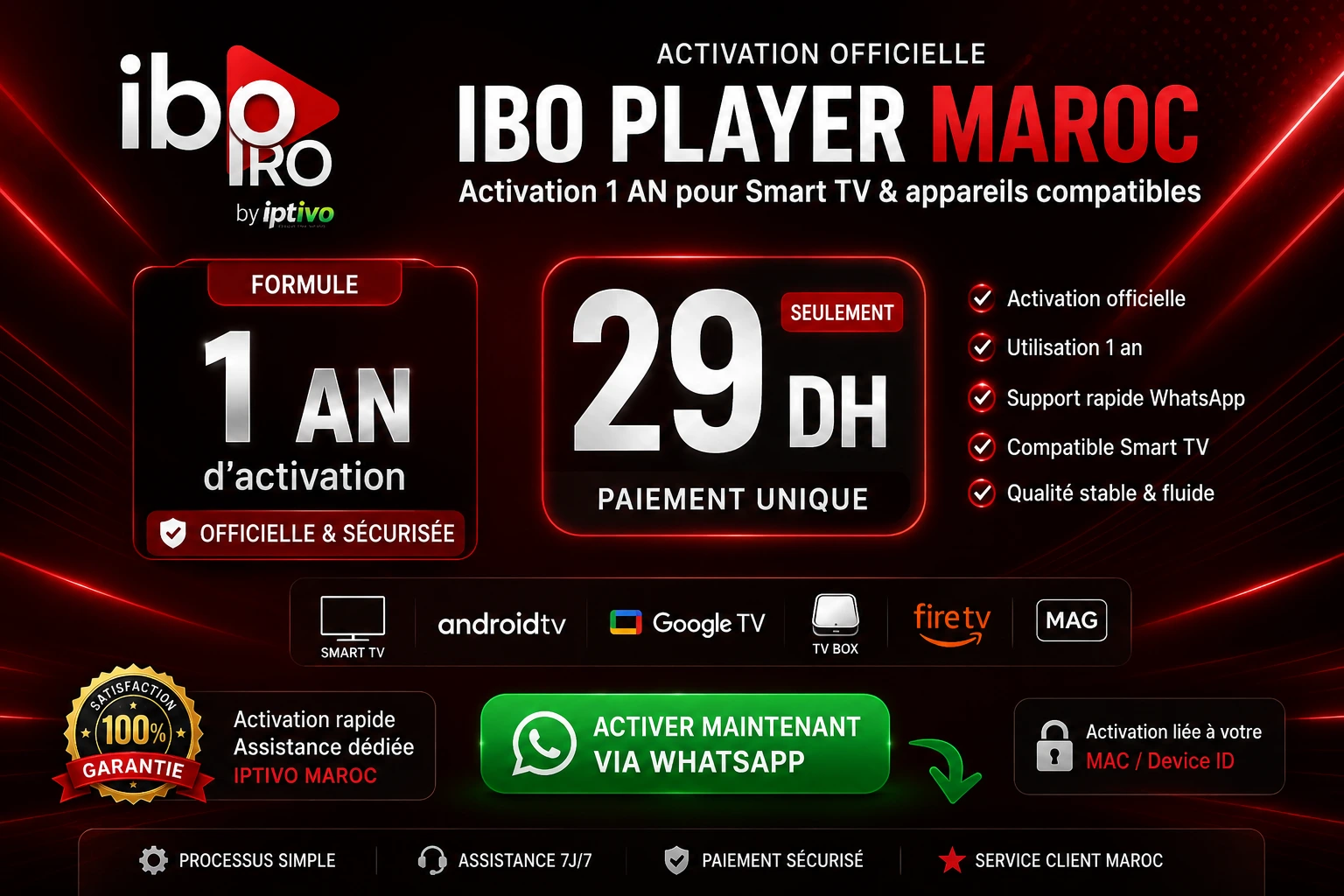 Activation IBO Player Maroc 1 an à 29 DH avec IPTIVO