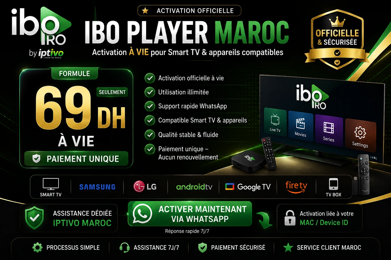 Activation IBO Player Maroc à vie 69 DH avec IPTIVO