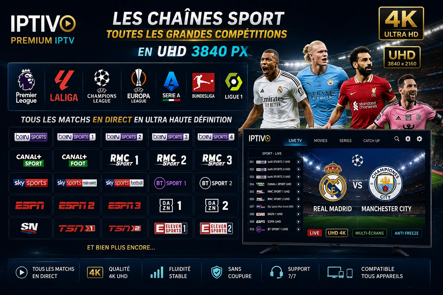 IPTV 4K Maroc avec chaînes sport UHD VIP PPV Premier League Champions League LaLiga Bundesliga Serie A et Ligue 1
