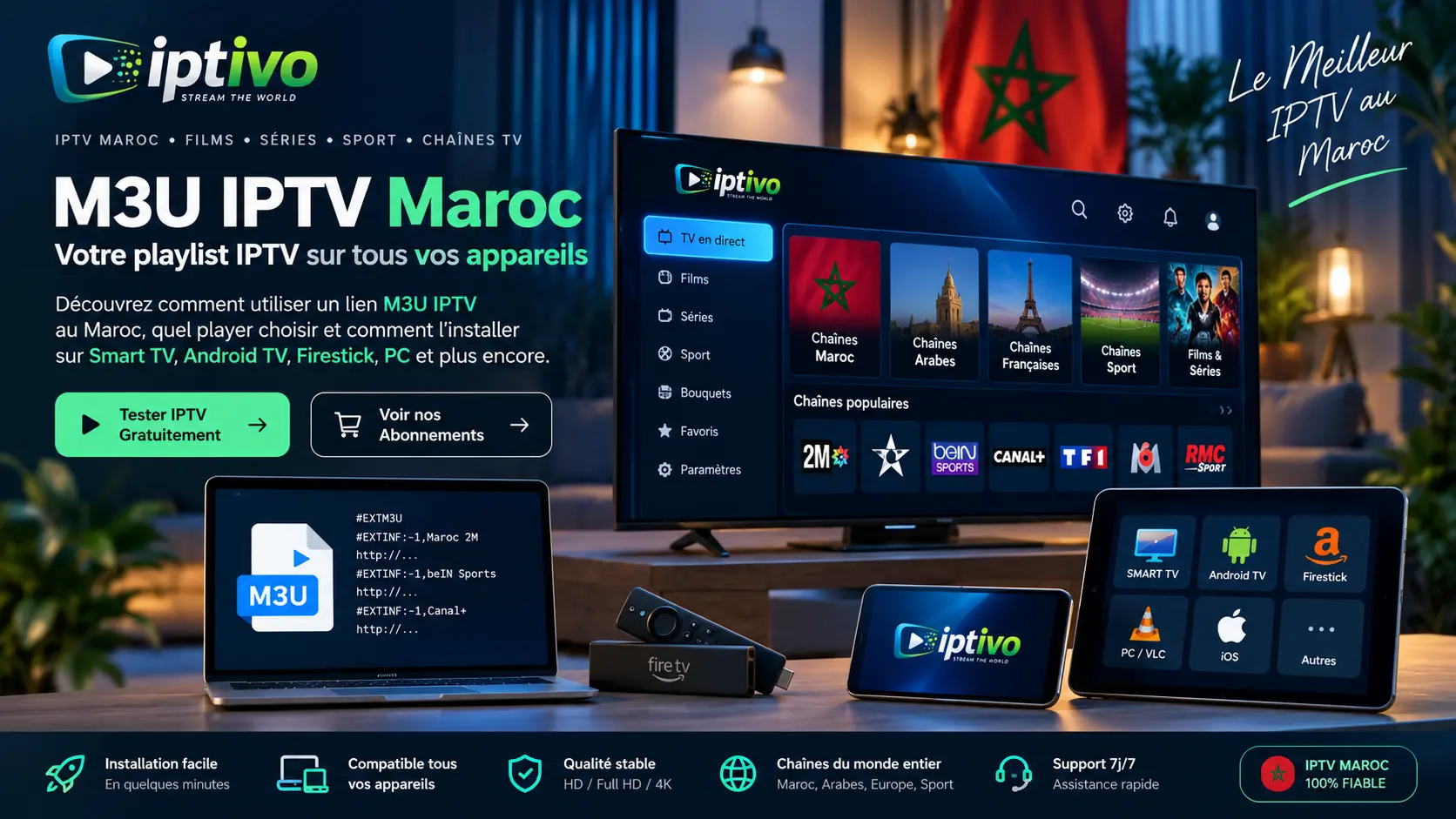 IPTV Player M3U playlist sur Smart TV Android TV Firestick et PC au Maroc
