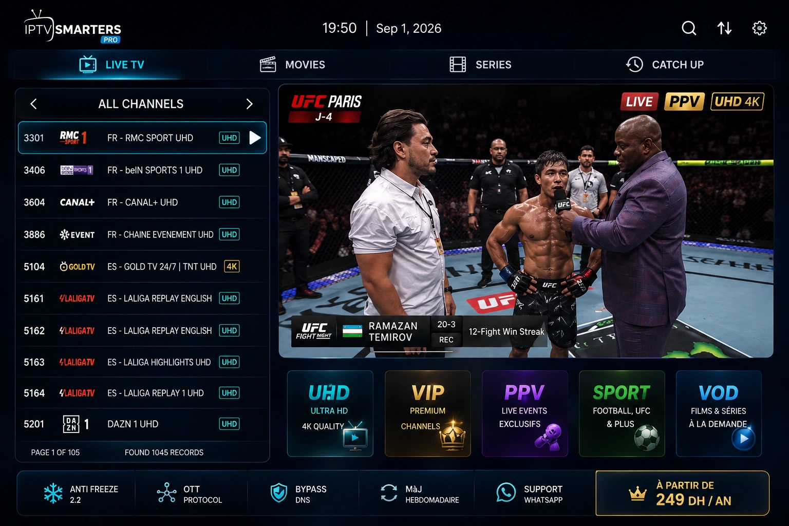 Aperçu PPV et sport UHD sur abonnement IPTV 4K Maroc