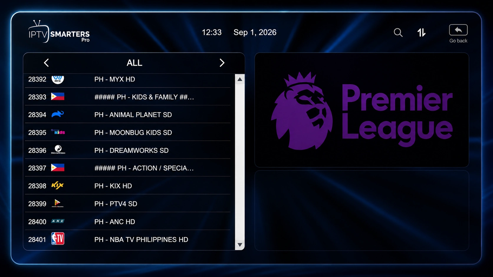 Aperçu d'une catégorie sport sur IPTV Premium