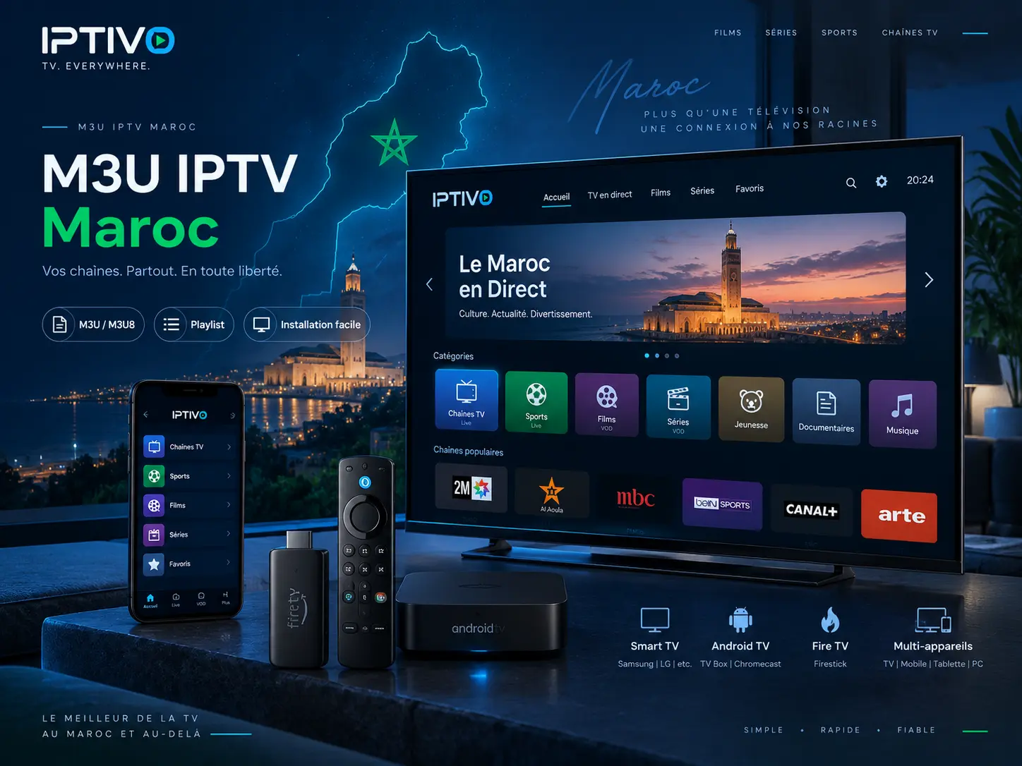 M3U IPTV Maroc avec playlist IPTV sur Smart TV et appareils compatibles IPTIVO