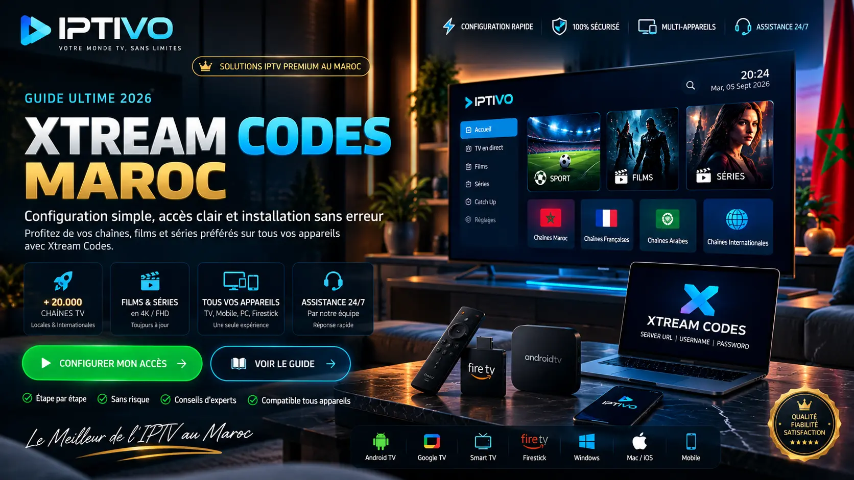 Comparaison Xtream Codes et M3U IPTV Maroc avec Server URL username password et playlist URL